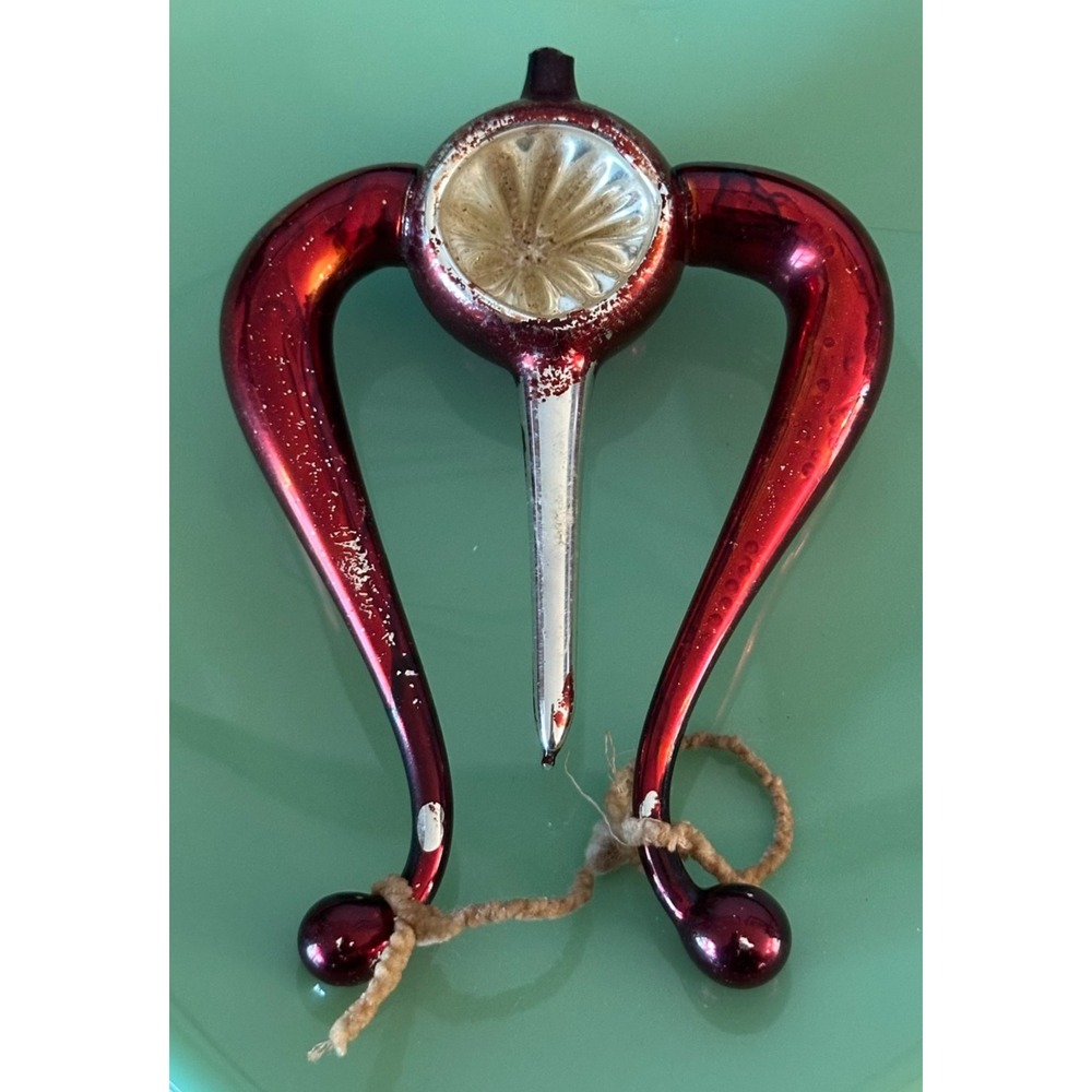 Antique Mercury Blown Glass Christmas Ornament Reflector Lyre Red
